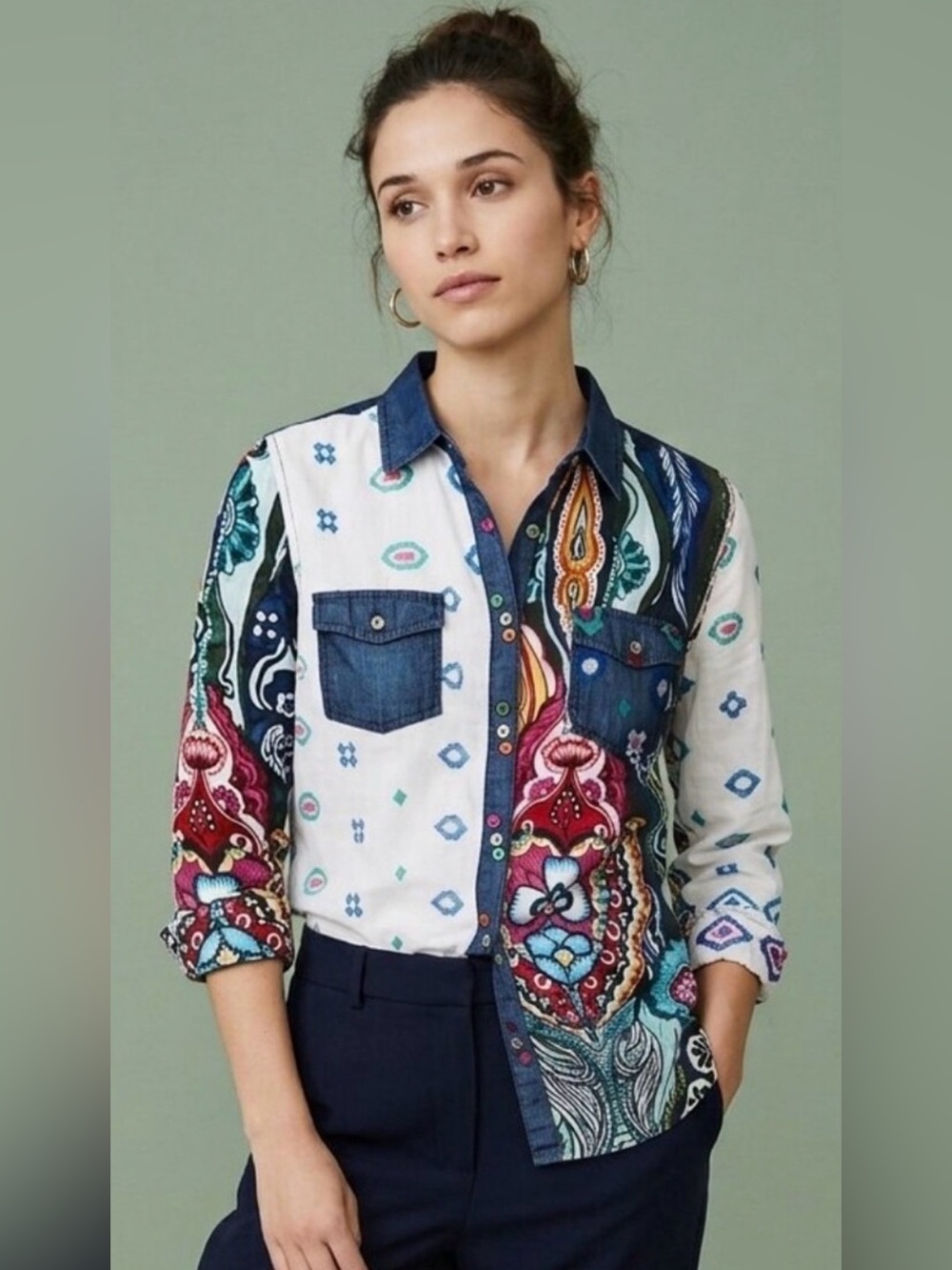 Desigual Bohemian  Artsy Eclectic Western Mixed Media
Patchwork Button Shirt